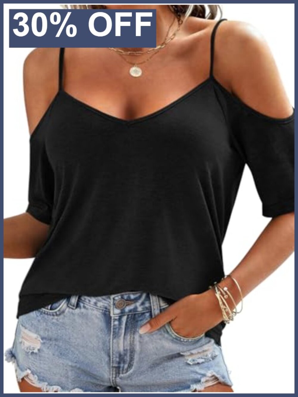 Women's Cold Shoulder Short Sleeve V Neck T Shirt Loose Fit Summer Top